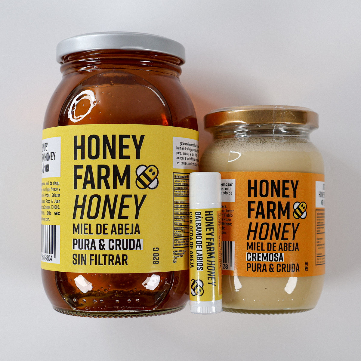 1 Miel de Abeja Pura 620 g + 1 Miel de Abeja Pura Cremosa 280 g + 1 Bálsamo de Labios de Cera de Abeja 5 g