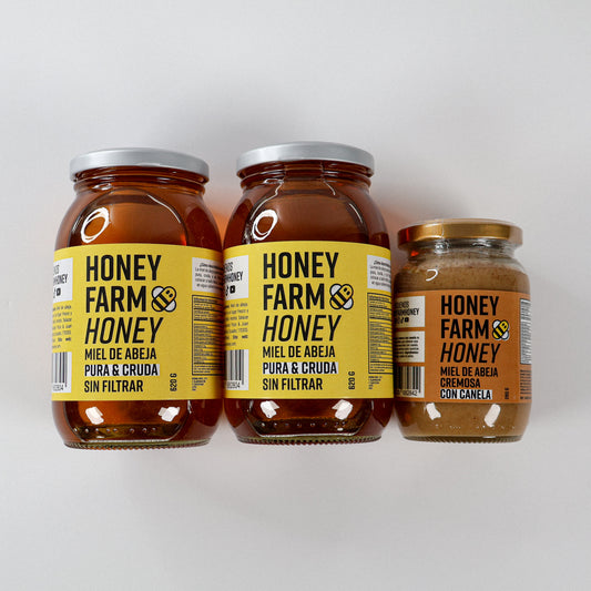 2 Miel de Abeja Pura 620 g + 1 Miel de Abeja Cremosa con Canela 280 g