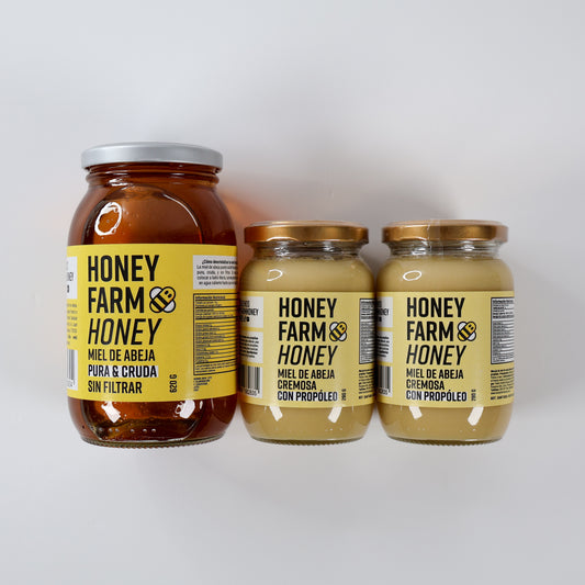 1 Miel de Abeja Pura 620 g + 2 Miel de Abeja Cremosa con Propóleo 280 g