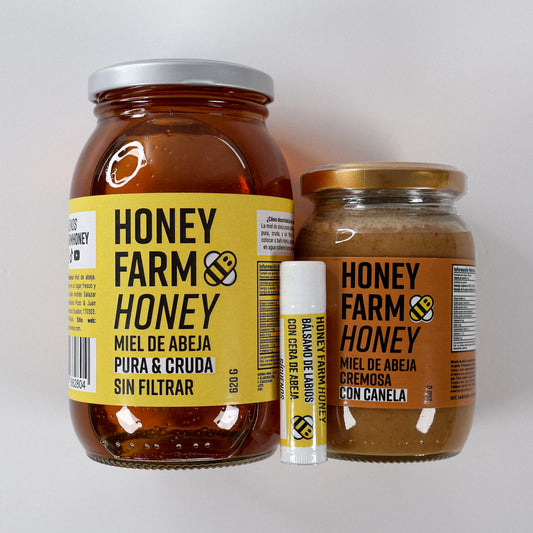 1 Miel de Abeja Pura 620 g + 1 Miel de Abeja Cremosa con Canela 280 g + 1 Bálsamo de Labios de Cera de Abeja 5 g