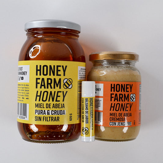 1 Miel de Abeja Pura 620 g + 1 Miel de Abeja Cremosa con Jengibre 280 g + 1 Bálsamo de Labios de Cera de Abeja 5 g