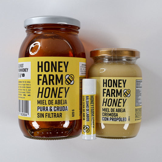 1 Miel de Abeja Pura 620 g + 1 Miel de Abeja Cremosa con Propóleo 280 g + 1 Bálsamo de Labios de Cera de Abeja 5 g